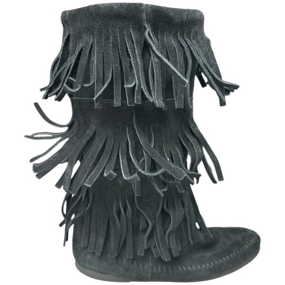 Minnetonka Boot Women 7 Black Suede Mid Calf 3 Tier Fringe moccasin boho Festiva - Picture 13 of 16